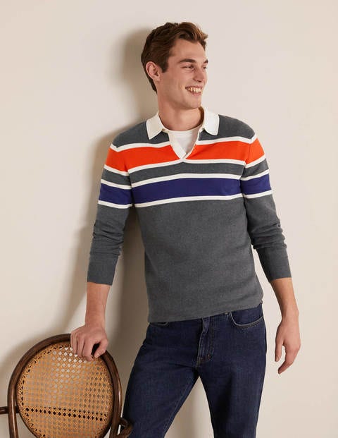 Knitted Rugby Shirt - Charcoal Melange Stripe Knitted Rugby Shirt - Charcoal Melange Stripe