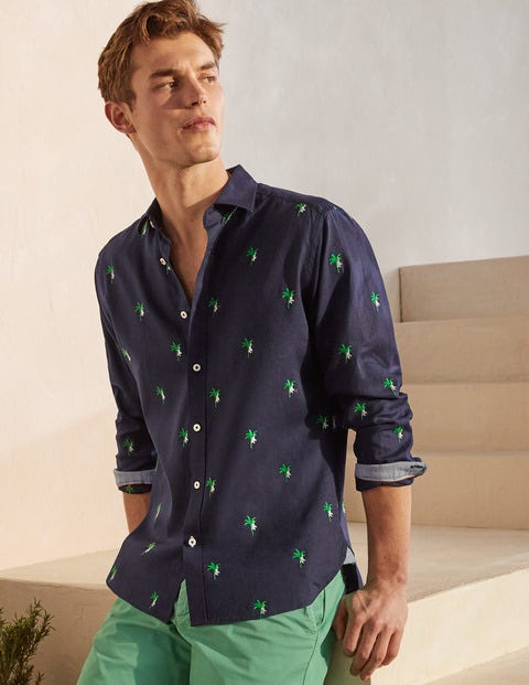 Linen Cotton Pattern Shirt - Navy Monkey Embroidery Linen Cotton Pattern Shirt - Navy Monkey Embroidery