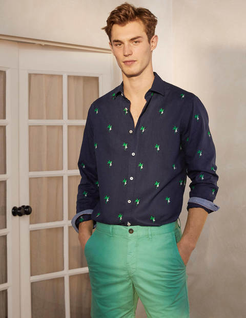 Linen Cotton Pattern Shirt - Navy Monkey Embroidery Linen Cotton Pattern Shirt - Navy Monkey Embroidery