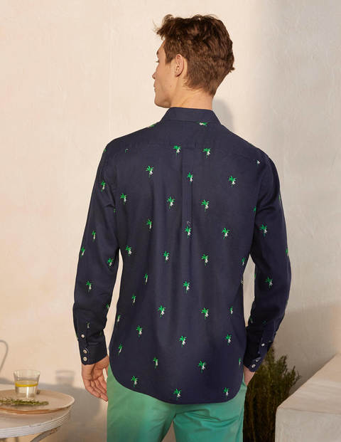 Linen Cotton Pattern Shirt - Navy Monkey Embroidery Linen Cotton Pattern Shirt - Navy Monkey Embroidery