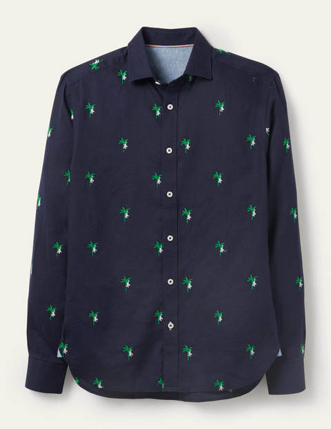 Linen Cotton Pattern Shirt - Navy Monkey Embroidery Linen Cotton Pattern Shirt - Navy Monkey Embroidery