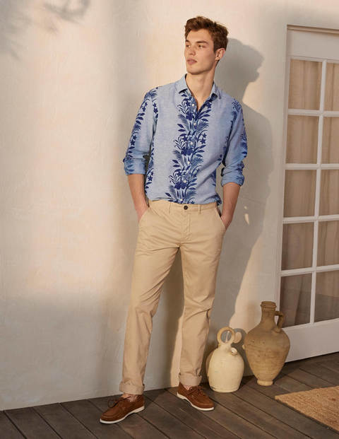 Chemise en lin et coton à motif - Chambray bleu, bordure florale Chemise en lin et coton à motif - Chambray bleu, bordure florale