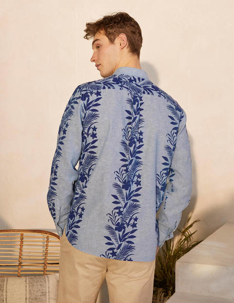 Chemise en lin et coton à motif - Chambray bleu, bordure florale Chemise en lin et coton à motif - Chambray bleu, bordure florale