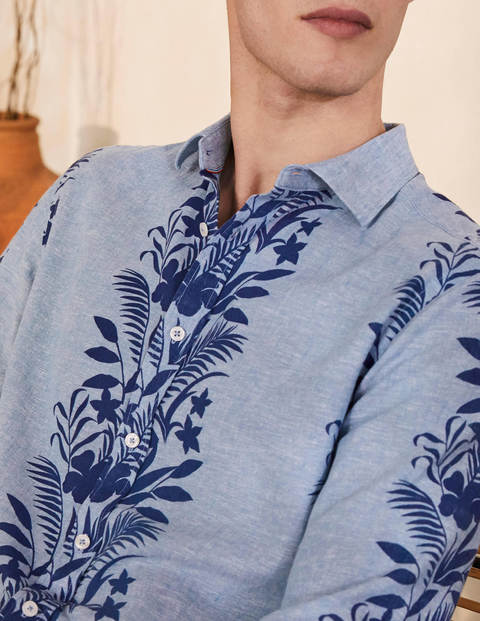 Chemise en lin et coton à motif - Chambray bleu, bordure florale Chemise en lin et coton à motif - Chambray bleu, bordure florale