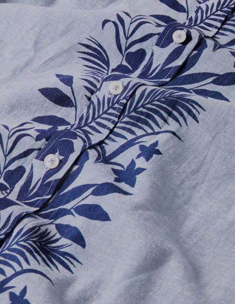 Chemise en lin et coton à motif - Chambray bleu, bordure florale Chemise en lin et coton à motif - Chambray bleu, bordure florale
