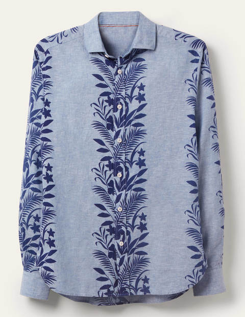 Chemise en lin et coton à motif - Chambray bleu, bordure florale Chemise en lin et coton à motif - Chambray bleu, bordure florale
