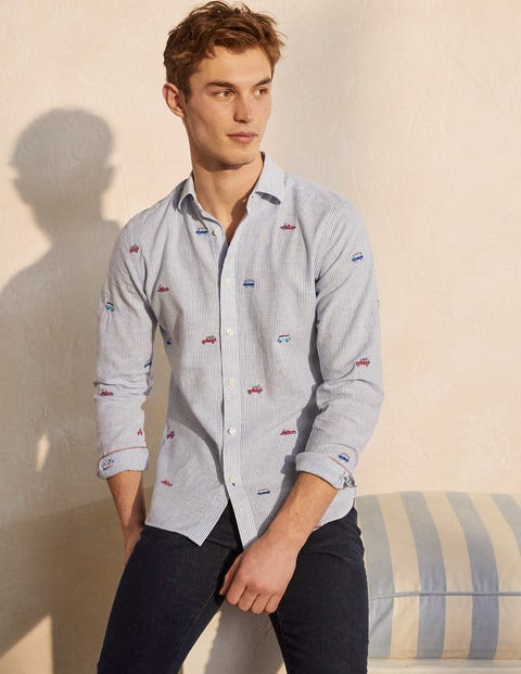 Linen Cotton Pattern Shirt - Stripe Roadtrip Embroidery Linen Cotton Pattern Shirt - Stripe Roadtrip Embroidery