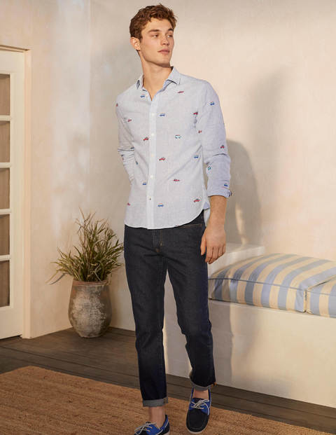 Linen Cotton Pattern Shirt - Stripe Roadtrip Embroidery Linen Cotton Pattern Shirt - Stripe Roadtrip Embroidery