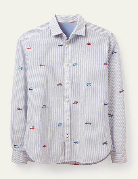 Linen Cotton Pattern Shirt - Stripe Roadtrip Embroidery Linen Cotton Pattern Shirt - Stripe Roadtrip Embroidery