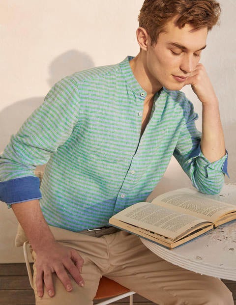 Chemise en lin à col grand-père - Rich Emerald/Coastal Stripe Chemise en lin à col grand-père - Rich Emerald/Coastal Stripe