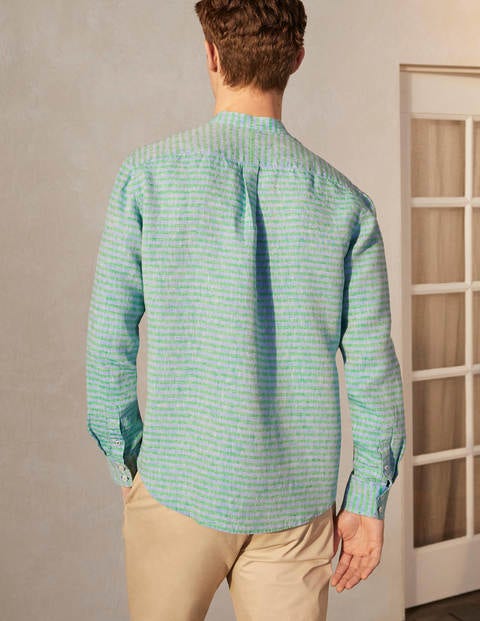 Chemise en lin à col grand-père - Rich Emerald/Coastal Stripe Chemise en lin à col grand-père - Rich Emerald/Coastal Stripe