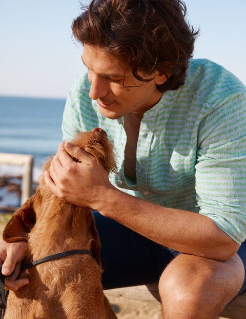 Linen Grandad Shirt - Rich Emerald/Coastal Stripe Linen Grandad Shirt - Rich Emerald/Coastal Stripe