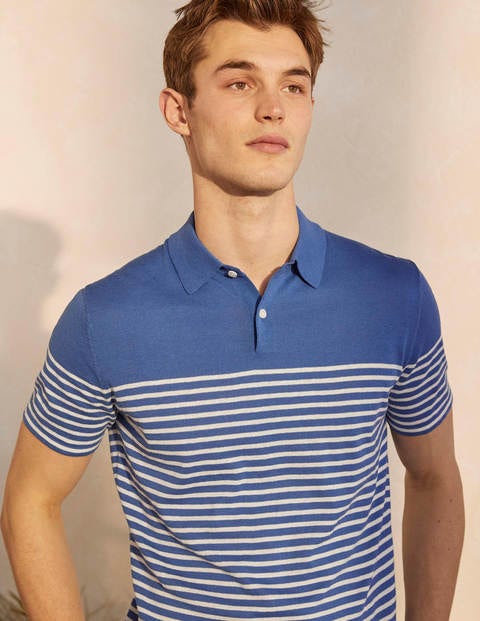 Linen Blend Knitted Polo - Bold Blue Stripe