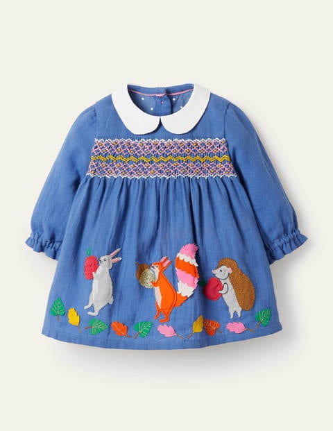 Appliqué Twill Smocked Dress - Elizabethan Blue Woodland Appliqué Twill Smocked Dress - Elizabethan Blue Woodland