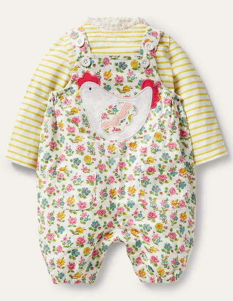 Cord Dungaree Set - Ivory Patchwork Floral Cord Dungaree Set - Ivory Patchwork Floral