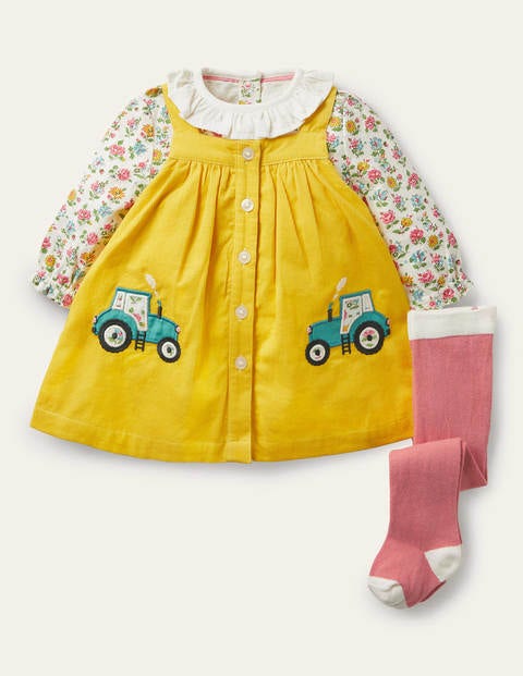 Cord 3 Piece Pinnie Set - Sweetcorn Yellow Tractors Cord 3 Piece Pinnie Set - Sweetcorn Yellow Tractors