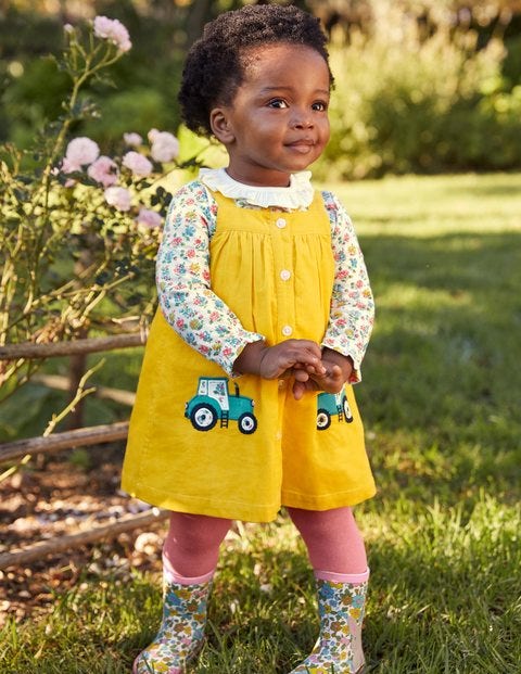 Cord 3 Piece Pinnie Set - Sweetcorn Yellow Tractors Cord 3 Piece Pinnie Set - Sweetcorn Yellow Tractors