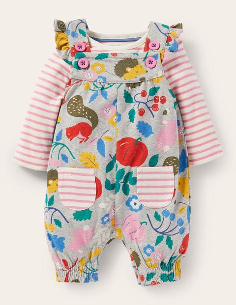 Jersey Dungaree Set - Grey Marl Forest Friends