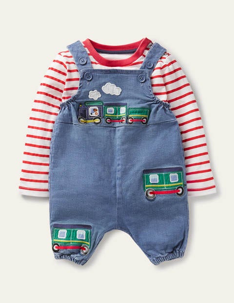 Fun Dungaree Set - Chambray Denim Trains Fun Dungaree Set - Chambray Denim Trains