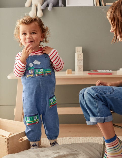 Fun Dungaree Set - Chambray Denim Trains Fun Dungaree Set - Chambray Denim Trains