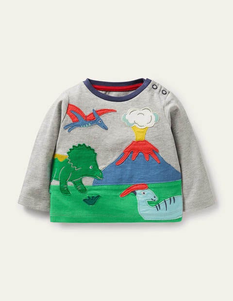 Oberteil mit Szenenapplikation - Grau Meliert, Dinoszene Oberteil mit Szenenapplikation - Grau Meliert, Dinoszene