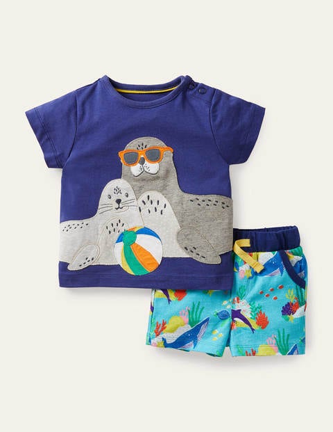 Shorts mit Applikation im Set - Meerblau, Unterwassermotiv Shorts mit Applikation im Set - Meerblau, Unterwassermotiv