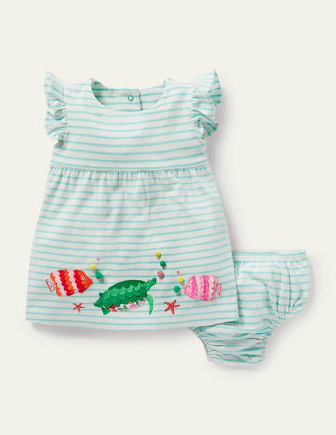 Striped Appliqué Jersey Dress - Ivory/Georgian Blue Fish Striped Appliqué Jersey Dress - Ivory/Georgian Blue Fish