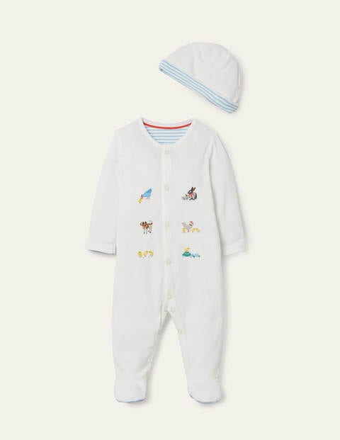 Organic Sleepsuit & Hat Set - Ivory Pet Friends Organic Sleepsuit & Hat Set - Ivory Pet Friends