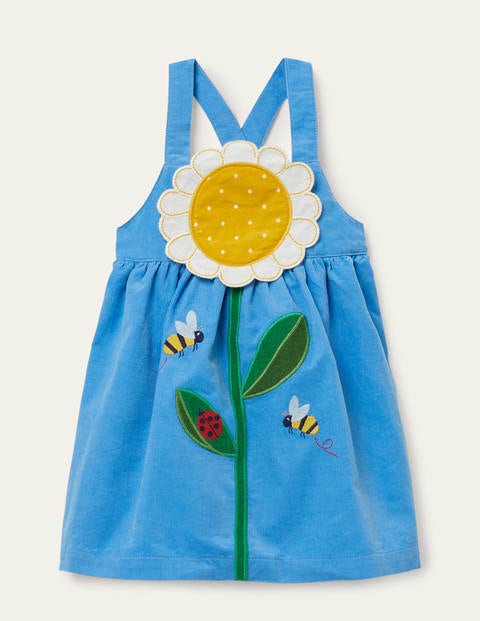 Cord-Schürzenkleid mit Blumen-Applikation - Surfbrett-Blau, Gänseblümchen Cord-Schürzenkleid mit Blumen-Applikation - Surfbrett-Blau, Gänseblümchen