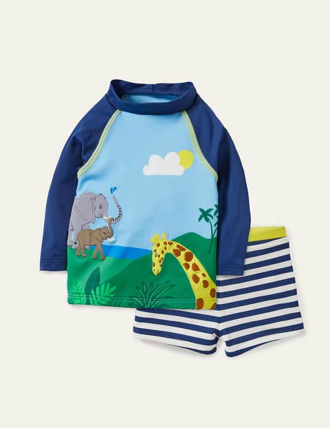 Fröhliches Set mit Badeshirt - Wolkenblau, Dschungelszene Fröhliches Set mit Badeshirt - Wolkenblau, Dschungelszene