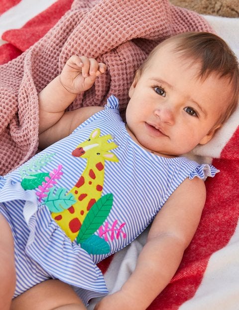 Badeanzug mit gerüschter Taille - Golfblau/Naturweiß, Giraffe Badeanzug mit gerüschter Taille - Golfblau/Naturweiß, Giraffe
