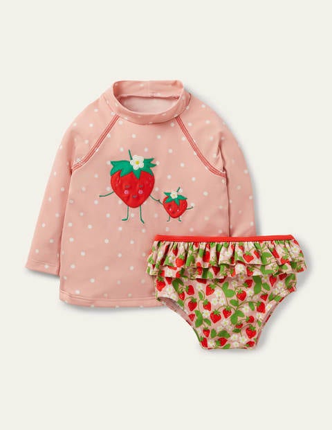 Badeset mit USF-Langarmshirt - Delfinrosa, Filigranes Erdbeermuster Badeset mit USF-Langarmshirt - Delfinrosa, Filigranes Erdbeermuster