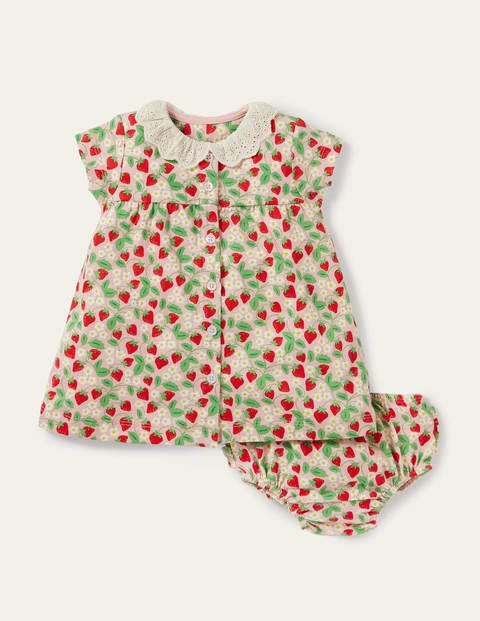 Jerseykleid mit Lochstickerei am Kragen - Delfinrosa, Filigranes Erdbeermuster Jerseykleid mit Lochstickerei am Kragen - Delfinrosa, Filigranes Erdbeermuster