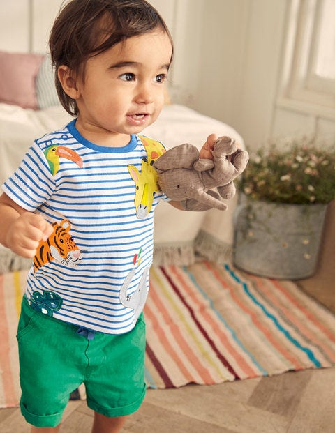 Peeking Animals Stripy T-shirt - Ivory/Elizabethan Blue Jungle Peeking Animals Stripy T-shirt - Ivory/Elizabethan Blue Jungle