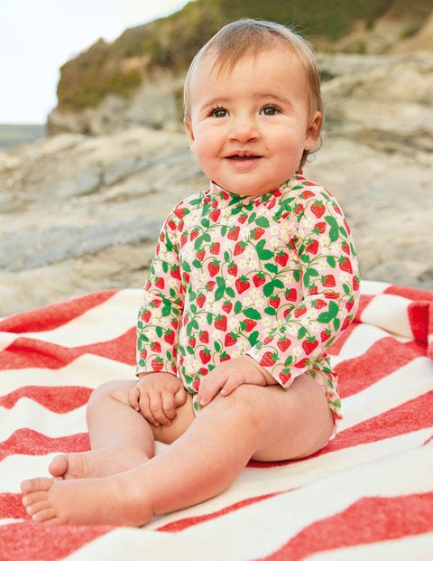 Long-sleeved Frilly Swimsuit - Boto Pink Ditsy Strawberries