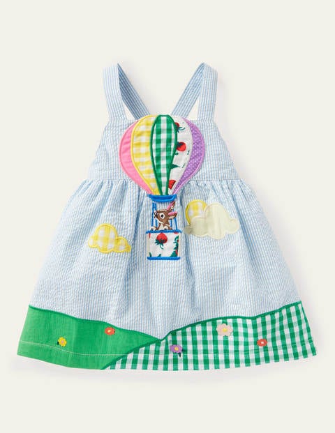 Schürzenkleid mit Heißluftballon - Surfbrettblau, Feine Streifen/Heißluftballon Schürzenkleid mit Heißluftballon - Surfbrettblau, Feine Streifen/Heißluftballon