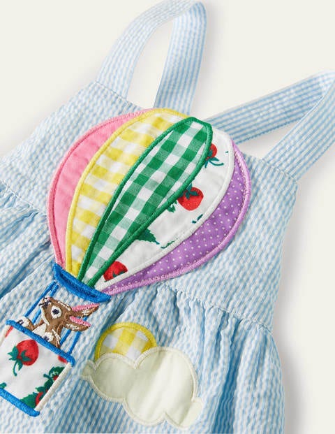 Schürzenkleid mit Heißluftballon - Surfbrettblau, Feine Streifen/Heißluftballon Schürzenkleid mit Heißluftballon - Surfbrettblau, Feine Streifen/Heißluftballon