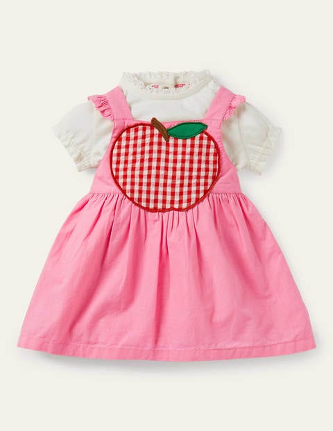 Schürzenkleid mit Apfelaufnäher im Set - Limonadenrosa, Vichykaros Schürzenkleid mit Apfelaufnäher im Set - Limonadenrosa, Vichykaros