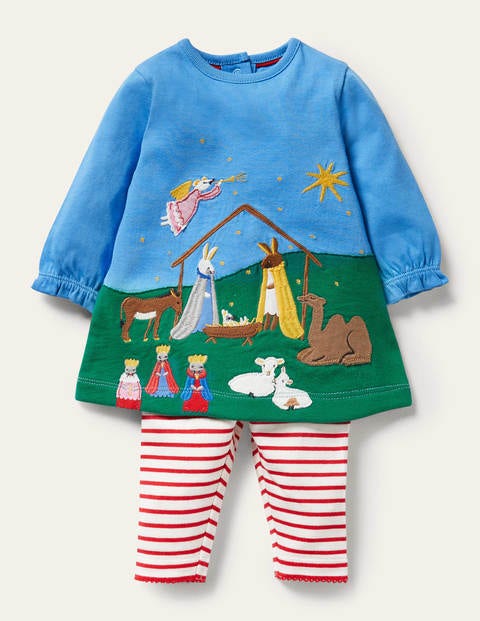 Kleid-Set mit großer Applikation - Helles Glockenblumenblau, Krippenszene Kleid-Set mit großer Applikation - Helles Glockenblumenblau, Krippenszene
