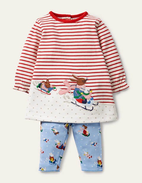 Kleid-Set mit großer Applikation - Himmelblau, Schneehäschen Kleid-Set mit großer Applikation - Himmelblau, Schneehäschen