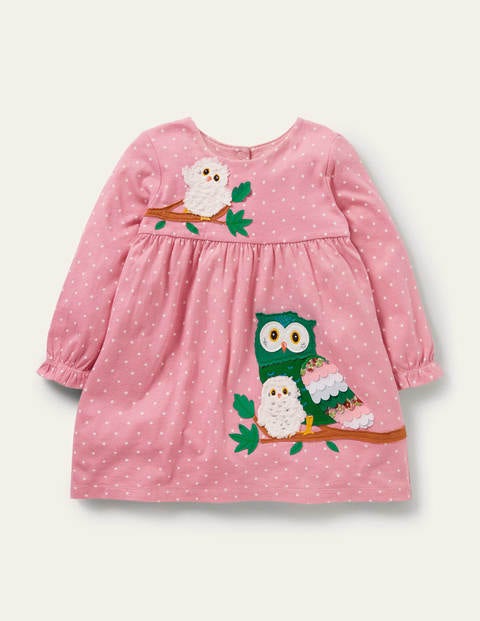 Getupftes Jerseykleid mit Applikation - Kirschblütenrosa, Eulen Getupftes Jerseykleid mit Applikation - Kirschblütenrosa, Eulen