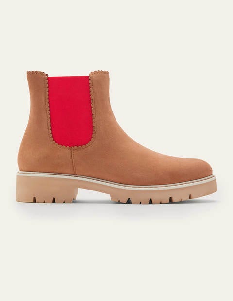 Scallop Detail Chelsea Boots - Tan/Cherry Red Scallop Detail Chelsea Boots - Tan/Cherry Red