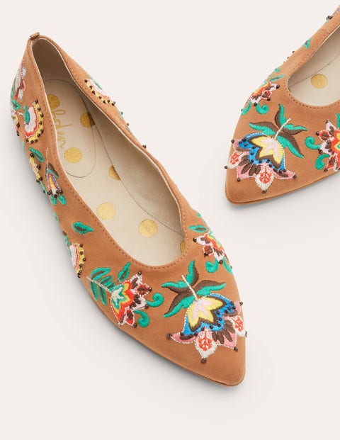 Catriona Ballerinas - Tan Embroidered Catriona Ballerinas - Tan Embroidered