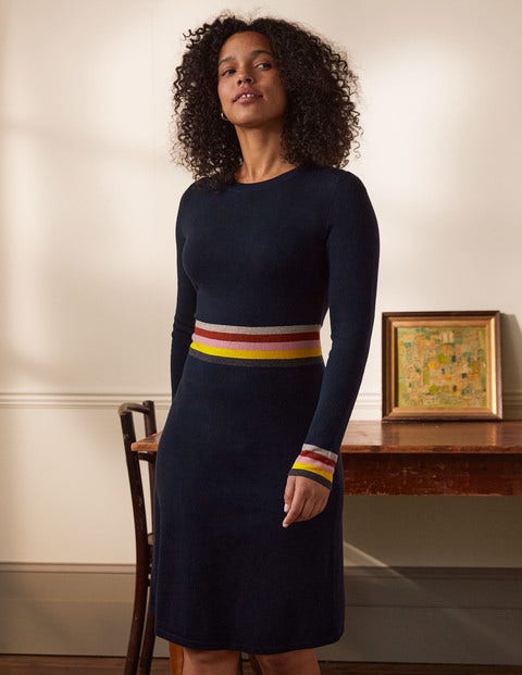 Stripe Waist Knitted Dress - Navy Stripe Waist Knitted Dress - Navy