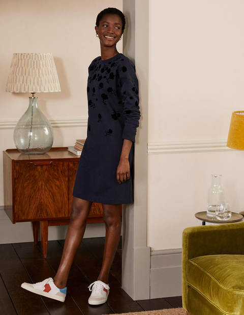 Jasmine Sweatshirt-Kleid - Navy, Geflocktes Blumenmuster Jasmine Sweatshirt-Kleid - Navy, Geflocktes Blumenmuster