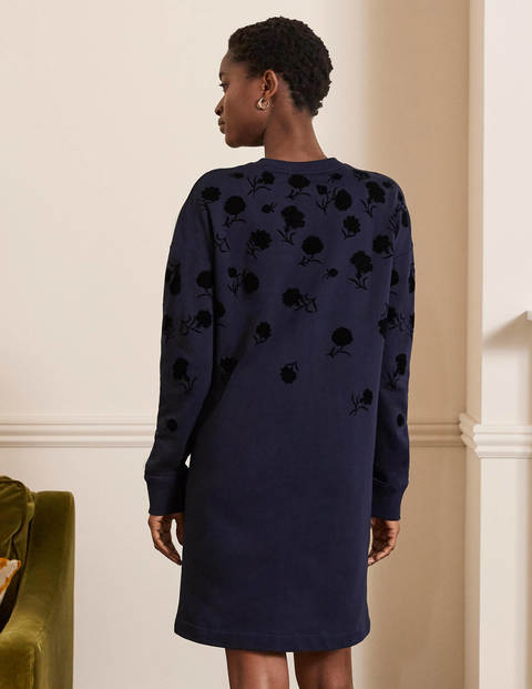 Jasmine Sweatshirt-Kleid - Navy, Geflocktes Blumenmuster Jasmine Sweatshirt-Kleid - Navy, Geflocktes Blumenmuster
