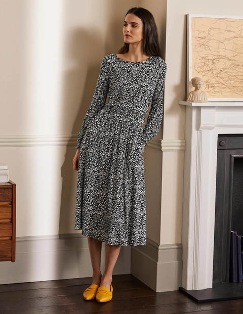 Evelyn Jersey Midi Dress - Black, Floral Cascade Evelyn Jersey Midi Dress - Black, Floral Cascade