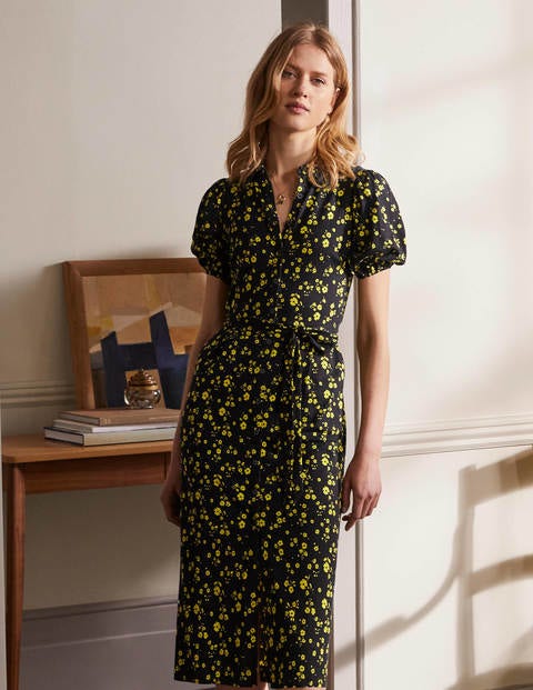 Puff Sleeve Jersey Shirt Dress - Black, Floral Sprig Puff Sleeve Jersey Shirt Dress - Black, Floral Sprig