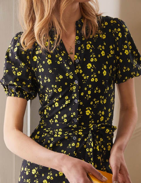 Puff Sleeve Jersey Shirt Dress - Black, Floral Sprig Puff Sleeve Jersey Shirt Dress - Black, Floral Sprig
