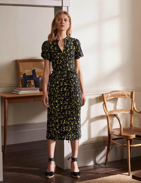 Puff Sleeve Jersey Shirt Dress - Black, Floral Sprig Puff Sleeve Jersey Shirt Dress - Black, Floral Sprig